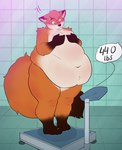 anthro belly big_belly bloated blush fluffy fluffy_tail fur hanging_belly love_handles male moob_grab moobs nude obese orange_body orange_fur overweight overweight_male shocked solo stuffing surprised_expression tail thick_thighs weight_gain mailzew canid canine fox mammal true_fox character_request hi_res