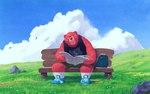 anthro backpack bench bottomwear clothing detailed_background fur male newspaper outside red_body red_fur shirt shorts sitting solo topwear mugicaan1 bear mammal 2018 hi_res