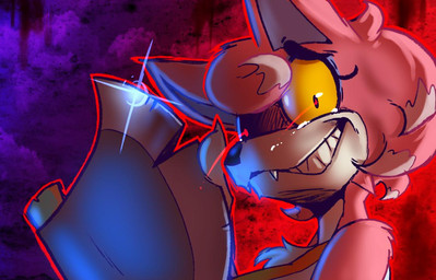 abstract_background anthro axe clothed clothing death_stare fangs female fur looking_at_viewer melee_weapon pink_body pink_fur sharp_teeth smile solo teeth weapon yellow_sclera conditional_dnp teckworks animal_crossing nintendo freya_(animal_crossing) canid canine canis mammal wolf 2019