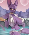 anthro armor bath big_breasts bracers breasts choker clothed clothing crossgender ear_piercing ear_ring exposure_variation female fingers hot_spring jewelry looking_at_viewer mtf_crossgender necklace partially_submerged piercing purple_body ring_piercing sitting_in_water solo tail water yellow_sclera cooliehigh dragon_ball dragon_ball_super beerus domestic_cat felid feline felis mammal 2023 hi_res