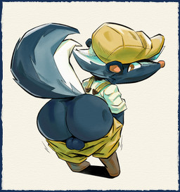 anthro backsack balls big_butt butt clothing footwear genitals hat headgear headwear looking_back male mooning presenting presenting_hindquarters shoes nondelismell animal_crossing nintendo kicks_(animal_crossing) mammal mephitid skunk hi_res
