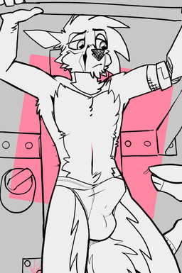 anthro bodily_fluids bottle bulge clothed clothing container cybernetic_arm cybernetic_limb cybernetics exercise gym machine male solo underwear underwear_only water_bottle workout topazknight red_(topazknight) cervine deer mammal absurd_res hi_res sketch