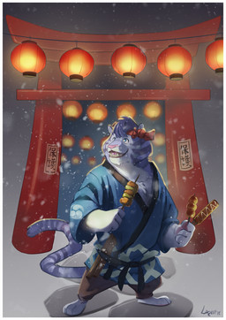 anthro barazoku ear_piercing festival food gate japanese lamp lantern male piercing snow solo stripes atarolapin justin_(ieaden) felid mammal pantherine tiger hi_res