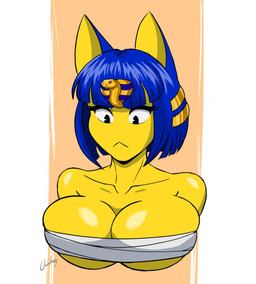 anthro black_eyes blue_hair breasts clothed clothing ears_up eyebrows eyelashes female fur hair looking_down partially_clothed solo yellow_body yellow_fur chisheq animal_crossing nintendo ankha_(animal_crossing)