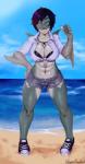 bandage beach big_breasts black_hair blue_eyes bottomwear bra breasts cleavage clothed clothing detailed_background female footwear front-tie_top gills grey_body grey_skin hair navel outside sand scar sea seaside sharp_teeth shoes shorts sky sneakers solo standing teeth text underwear water galactic-overlord zhaleh_(ghostofsmut) animal_humanoid fish fish_humanoid humanoid marine marine_humanoid shark shark_humanoid absurd_res english_text hi_res