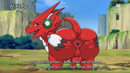 anthro anus backsack balls bedroom_eyes bent_over big_butt blue_eyes blush bodily_fluids butt cloud day electronics exclamation_point fake_screencap genital_fluids genitals half-closed_eyes hand_on_butt hand_on_own_butt headphones male narrowed_eyes outside penis perineum plant precum presenting presenting_anus presenting_hindquarters question_mark rear_view red_body red_nose red_scales red_tail scales seductive shrub sky solo spread_butt spreading sweat tail text thick_thighs three-quarter_view tongue tongue_out white_body white_scales nekoni bandai_namco digimon digimon_(species) scalie shoutmon 16:9 2025 digital_media_(artwork) english_text hi_res widescreen