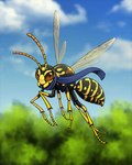 6_legs ambiguous_gender antennae_(anatomy) black_body black_exoskeleton blue_scarf brown_sclera day exoskeleton eyebrows feral flying insect_wings looking_at_viewer outside scarf solo text wings yellow_body yellow_exoskeleton moth_monarch arthropod hymenopteran insect wasp 2020 4:5 artist_name digital_drawing_(artwork) digital_media_(artwork) url