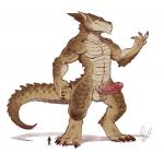 anthro balls big_penis brown_body brown_scales claws duo erection flexing foreskin genitals horn macro male muscular muscular_male penis scales simple_background size_difference solo_focus standing tail vein rollwulf mythology brutus_(pyronite) dragon human mammal mythological_creature mythological_scalie scalie 2017