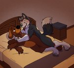 anthro bed cuddling duo fluffy fluffy_tail furniture male male/male muscular muscular_male on_bed spooning tail argon_vile gokan_(gokanthehusky) wags_the_dog canid canine canis domestic_dog mammal hi_res