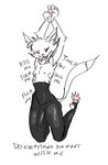 anthro bulge detailed_bulge dialogue feet genital_outline hindpaw latex male nipples paws penis_outline red_eyes solo text yamabat canid canine fox mammal english_text hi_res