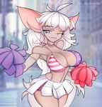 anthro bat_ears big_ears big_eyes bikini bikini_top blonde_hair bottomwear breasts cheerleader cheerleader_outfit clothed clothing dark_body dark_skin female front_view gloves hair handwear long_ears long_hair purple_eyes skirt smile solo standing swimwear thick_thighs topwear two-piece_swimsuit united_states_of_america white_clothing white_hair batdeadinside danielle_(batdeadinside) fan_character bat mammal digital_drawing_(artwork) digital_media_(artwork)