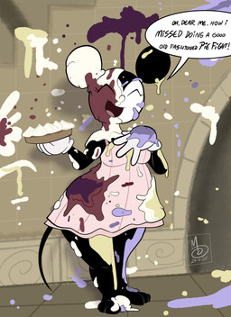 anthro babydoll belly big_butt black_body breasts butt clothing cream_(food) dessert dialogue female food food_fetish food_fight food_play gloves hand_on_chest handwear messy movie_reference nightgown open_mouth pastry pie pie_(food) pie_fight pie_in_face slightly_chubby slightly_chubby_female smile solo speech_bubble splat stairs stairwell tail text the_great_race thick_thighs tongue topwear wam sebaku disney silly_symphony minnie_mouse house_mouse mammal mouse murid murine rodent absurd_res digital_media_(artwork) english_text hi_res