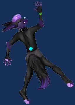 anthro black_body black_fur blue_nose bottomwear cheek_tuft clothing collar cosmic_hair cutout dipstick_tail ethereal_hair facial_tuft fur fur_markings glowing glowing_nose lying male markings multicolored_body pawpads plantigrade purple_body purple_fur purple_pawpads shorts smush solo spades_(marking) sparkles squish sticker tail tail_markings tuft two_tone_body wristband emailty kitsunaki canid canine fox mammal 2023 alpha_channel hi_res shaded