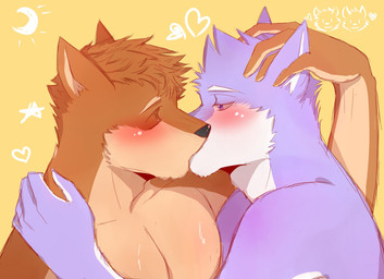 anthro blue_body blue_fur blush brown_body brown_fur deep_kiss duo eyes_closed fur hand_over_head kissing male male/male passionate purple_eyes simple_background yellow_background kyouu15 furloid utau dogou_uru rouka_azuma canid canine canis mammal wolf hi_res