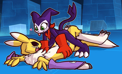 2_horns 3_toes 4_fingers anthro anthro_penetrated black_nose black_sclera blep blue_eyes blush claws clothing digitigrade dipstick_tail duo feet female female_penetrated fingers forked_tail fur gloves green_eyes grey_claws handwear horn humanoid_on_anthro humanoid_penetrating humanoid_penetrating_anthro kerchief larger_anthro larger_female looking_down male male/female male_penetrating male_penetrating_female markings open_mouth penetration purple_body purple_clothing purple_fur purple_gloves purple_handwear purple_horn purple_markings questionable_consent red_clothing red_gloves red_handwear red_kerchief sex size_difference smaller_humanoid smaller_male smaller_penetrated tail tail_markings toe_claws toes tongue tongue_out unusual_anatomy unusual_tail vaginal vaginal_penetration white_body white_claws white_fur yellow_body yellow_fur ultilix bandai_namco digimon canid canine digimon_(species) humanoid imp impmon mammal renamon 2025 hi_res