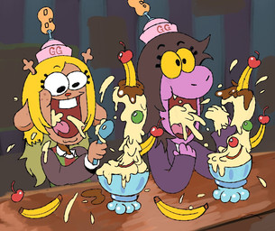 anthro antlers banana blonde_hair brown_body cherry clothing cutlery dessert duo eating female food freckles fruit hair hat headgear headwear horn ice_cream kitchen_utensils open_mouth plant purple_body spoon tongue tools yellow_sclera iluvrabbitz deltarune nickelodeon spongebob_squarepants undertale_(series) noelle_holiday susie_(deltarune) deer mammal new_world_deer reindeer scalie