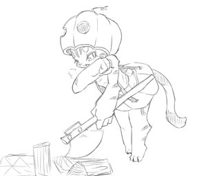 axe clothing female food fruit hat headgear headwear jack-o'-lantern kemono melee_weapon open_mouth plant pumpkin solo tired weapon higoro felid humanoid mammal pantherine tiger hi_res monochrome