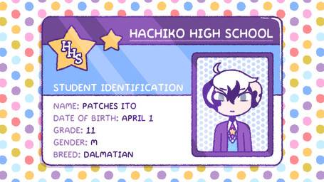 ahoge anthro clothing collared_shirt fur grey_eyes hair id_card jacket looking_at_viewer male multicolored_body multicolored_fur multicolored_hair purple_clothing purple_jacket purple_topwear shirt solo star text topwear 90percentdenny 90_percent_studios purrfect_apawcalypse patches_ito canid canine canis domestic_dog mammal english_text