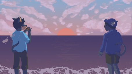 anthro beach cigarette clothed clothing cloud duo ear_piercing hat headgear headwear male piercing rear_view sea seaside sky smoking standing sun sunset water buurgerboy celeste_(buurgerboy) domestic_cat felid feline felis mammal 16:9 2017