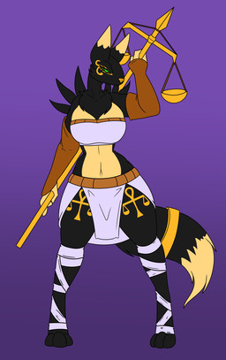 anthro armwear bandage bandeau big_breasts black_body black_fur black_sclera breasts brown_armwear brown_clothing clothed clothed_anthro clothed_female clothing egyptian female fluffy fluffy_tail fur green_eyes melee_weapon multicolored_body multicolored_fur polearm solo spear standing tail tan_body tan_fur topwear two_tone_body two_tone_fur weapon weights koekoek bandai_namco digimon anubian_jackal canid canine canis digimon_(species) jackal mammal renamon 2026 hi_res