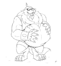 abdominal_bulge anthro armor belly big_belly hand_on_belly headgear helmet male male_pred muscular muscular_male sharp_teeth struggling struggling_prey teeth tongue tongue_out vore huttsergreywolf ben_10 cartoon_network alien canid canine canis loboan mammal wolf hi_res monochrome