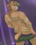 anthro back_tattoo blonde_hair braided_hair braided_ponytail butt clothed clothing dancing fangs fur green_body green_eyes green_fur green_hair hair looking_at_viewer male muscular muscular_male partially_clothed pole pole_dancing ponytail sabertooth_(anatomy) simple_background solo stripper stripper_pole tail tattoo teeth topless underwear underwear_down underwear_only yellow_body yellow_fur maxwtv neo_von_reinherz felid mammal prehistoric_species saber-toothed_tiger digital_media_(artwork) hi_res