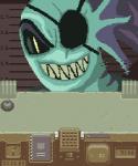 bell book clock ear_fins electronics eye_patch eyewear female fin gills hair humor lever metric_unit microphone number pupils sharp_teeth slit_pupils smile solo teeth unit watch sulfurado third-party_edit papers_please undertale undertale_(series) undyne animal_humanoid fish fish_humanoid humanoid marine marine_humanoid monster low_res