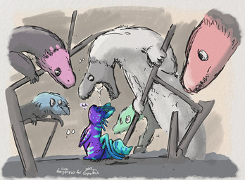 ambiguous_gender antennae_(anatomy) anthro back_tentacles biped blue_body blue_markings bodily_fluids dipstick_tail dipstick_tentacles drooling imminent_vore markings purple_body saliva striped_markings stripes tail tail_markings tentacles whiskers conditional_dnp foxyoreos gyrotech rain_world videocult yoku_(gyrotech) lizard_(rain_world) slugcat hi_res