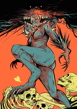 2_mouths ambiguous_gender blood blood_stain bodily_fluids bone claws dot_eyes finger_claws grey_body grey_skin heart_symbol lunge multi_mouth nightmare_fuel simple_eyes skeleton toe_claws too_many_teeth yellow_bone wolfskulljack canid canine canis humanoid mammal monster wolf absurd_res hi_res female_(lore)