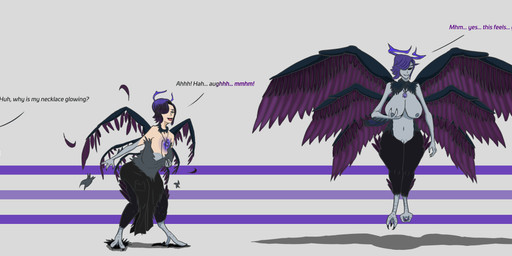 3_fingers 3_toes 6_wings black_bottomwear black_claws black_clothing black_eyes black_footwear black_hair black_pants black_shoes black_text bottomwear breast_expansion breasts claws clothing dialogue erect_nipples expansion feathered_wings feathers feet female fingers floating footwear grey_background grey_body grey_clothing grey_nipples grey_skin grey_sweater grey_topwear growth hair halo human_to_humanoid looking_pleasured multi_wing navel nipples no_pupils open_mouth pants purple_body purple_feathers purple_hair purple_halo purple_lines purple_text shadow simple_background smile solo species_transformation standing sweater text three_frame_image three_frame_sequence toes topwear transformation transformation_by_item transformation_sequence wing_growth wings tyrolea european_mythology greek_mythology mythology angel animal_humanoid avian avian_humanoid harpy harpy_humanoid humanoid mythological_avian mythological_creature seraph_(angel) 2020 absurd_res artist_name digital_drawing_(artwork) digital_media_(artwork) english_description english_text hi_res sequence