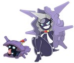 anthro anthrofied armwear big_breasts blue_eyes breasts clothing collar duo female horn huge_breasts legwear pokeball pokeball_collar pokemorph purple_body shell simple_background smile swimwear tongue white_background urusee584 nintendo pokemon cloyster generation_1_pokemon pokemon_(species) shellder hi_res