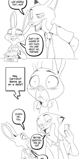 anthro blush carrot_pen clothing dialogue duo female jacket male necktie speech_bubble text topwear nauyaco disney zootopia judy_hopps nick_wilde canid canine european_rabbit fox lagomorph leporid mammal oryctolagus rabbit red_fox true_fox 2025 absurd_res comic english_text hi_res