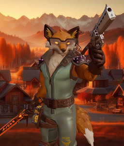 anthro clothed clothed_anthro clothed_male clothing gun male melee_weapon ranged_weapon solo sword weapon ai_assisted ai_generated_background fer58 epic_games fortnite fennix_(fortnite) canid canine fox mammal red_fox true_fox 3d_(artwork) digital_media_(artwork) hi_res