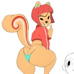 anthro big_butt black_eyes buckteeth butt butt_cleavage clothing eyebrows female fur gesture hand_gesture looking_back middle_finger panties sidescreen_character simple_background smile solo teeth thick_thighs underwear unibrow white_background usnarbit animal_crossing nintendo hazel_(animal_crossing) mammal rodent sciurid tree_squirrel 2022 hi_res