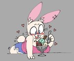 anthro bent_over big_breasts big_eyes blue_bottomwear blue_clothing blue_eyes blue_shorts blush blush_lines bottomwear breasts cherry clothed clothing container cup cutlery dolphin_shorts ear_piercing eyebrows eyelashes female fingers food fruit fur grey_background happy heart_symbol holding_spoon inner_ear_fluff kitchen_utensils open_mouth open_smile piercing pink_clothing pink_topwear pink_tube_top plant scut_tail short_stack short_tail shorts simple_background smile solo spoon sundae tail tan_body tan_fur thick_thighs three-quarter_view tools toony topwear tube_top tuft shoobular jackie_(shoobular) lagomorph leporid mammal rabbit 2025 digital_media_(artwork) flat_colors portrait three-quarter_portrait