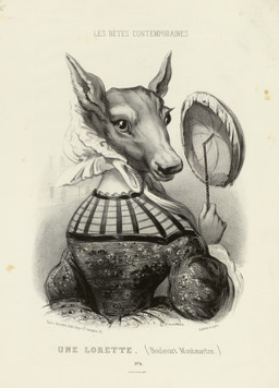 bonnet clothing dress female for_a_head headgear headwear holding_object looking_at_viewer looking_back parasol solo text edmond_hedouin animal_head animal_humanoid deer humanoid mammal 1858 19th_century absurd_res ancient_art french_text greyscale hi_res monochrome