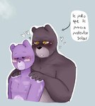 anthro black_nose blush brown_body duo eyes_closed heart_symbol male purple_body simple_background text zadscat unicorn_wars padre_(unicorn_wars) sargento_caricias bear mammal 2023 spanish_text