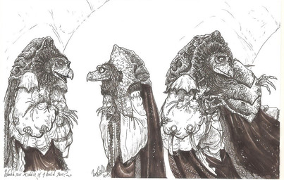 ambiguous_gender anthro clothing duo elderly elderly_intersex gown multi_limb renaissance_clothing ruff_(clothing) speech_bubble surprise_hug surprised text skekla_(artist) the_dark_crystal skekla_the_illustrator skeksil_the_chamberlain alien skeksis 2015 comic english_description english_text hi_res signature