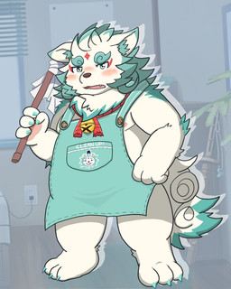 anthro apron apron_only blue_eyes blush clothing embarrassed eyebrows fur male slightly_chubby solo thick_eyebrows white_body white_fur young young_anthro young_male tetu8342 asian_mythology east_asian_mythology japanese_mythology lifewonders mythology tokyo_afterschool_summoners agyo_(tas) foo_dog komainu mammal yokai 4:5
