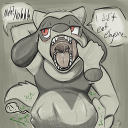 abdominal_bulge belly big_belly blush bodily_fluids fangs feigning_innocence hand_behind_head hand_on_belly male mouth_shot muffled_sounds open_mouth oral_vore prey_imprint rumbling_stomach saliva saliva_on_tongue saliva_string sweat sweatdrop teeth tongue trainer vore wide_tongue arkailart nintendo pokemon pokemon_trainer generation_4_pokemon pokemon_(species) riolu 1:1 absurd_res hi_res