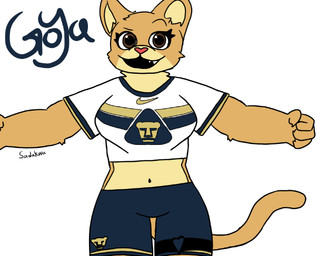 4_fingers anthro blue_bottomwear blue_clothing blue_pants bottomwear clothed clothed_anthro clothed_female clothing female fingers fur mascot pants shirt soccer soccer_jersey soccer_uniform sport sportswear standing topwear uniform white_clothing white_shirt white_topwear yellow_body yellow_fur sadakwa club_universidad_nacional liga_mx nike goya_(pumas_unam) felid leopard mammal pantherine