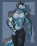 5_fingers abs anthro biceps black_nose blue_background blue_eyes bottomwear clothed clothing eyebrows fingers fluffy fur grey_body grey_fur hair looking_aside male markings multicolored_body multicolored_fur multicolored_hair muscular muscular_anthro muscular_male neck_tuft nipples pants shadow simple_background solo standing topless tuft two_tone_body two_tone_fur two_tone_hair walking white_body white_fur white_hair feralise grey_(doubledeeeddboy) canid canine canis mammal wolf 2018 4:5