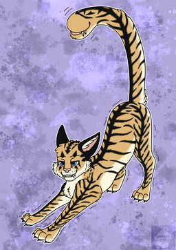 cross-eyed fangs feral grin male raised_tail smile solo stretching striped_body stripes tail tail_mouth teeth tremble_lines unusual_anatomy unusual_tail arwenscoots conditional_dnp cougar felid feline hybrid mammal pantherine tiger hi_res
