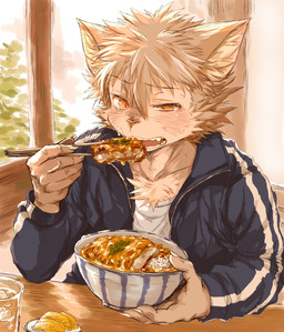 anthro bodily_fluids chest_tuft chopsticks clothed clothing eating food fur inside jacket katsudon kemono male narrowed_eyes pointy_ears solo sweat sweatdrop tan_body tan_fur topwear tuft akitainumaru canid canine mammal 2026 absurd_res hi_res