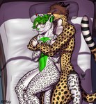 anthro bed big_spoon cuddling duo eyewear furniture glasses gynomorph heart_symbol intersex intersex/male lying lying_on_bed male on_bed on_side sleeping_together spooning rimau jurgen kira_sharpovich cheetah felid feline mammal pantherine snow_leopard absurd_res hi_res huge_filesize