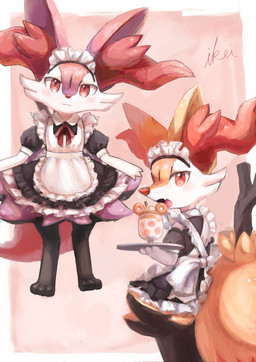 3_fingers 3_toes :3 ambiguous_gender anthro beverage blush cheek_tuft clothing cute_fangs dipstick_tail duo facial_tuft fangs feet fingers front_view fur looking_at_viewer looking_back looking_back_at_viewer maid_headdress maid_uniform markings open_mouth orange_body orange_eyes orange_fur orange_nose purple_body red_body red_eyes red_fur red_nose serving_tray side_view standing stick tail tail_markings teeth toes tongue tuft uniform yellow_body ikei_(artist) nintendo pokemon braixen canid canine fox generation_6_pokemon mammal pokemon_(species) 2021 hi_res signature