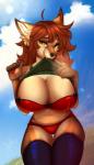 2017 aimi anthro bedroom_eyes big_breasts bra breasts brown_body brown_fur brown_hair canid canine cleavage clothed clothing clothing_lift cloud curvy_figure detailed_background digital_media_(artwork) fangs female flashing fur hair half-closed_eyes hi_res huge_breasts legwear looking_at_viewer mammal markings mole_(marking) narrowed_eyes navel outside panties portrait seductive shaded shirt shirt_lift sky smile solo standing teeth thigh_gap thigh_highs three-quarter_portrait topwear underwear voluptuous wide_hips yellow_eyes