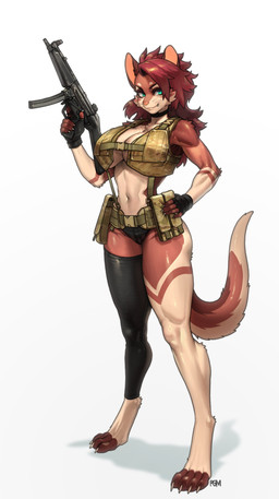 5_fingers anthro biped breasts claws clothed clothed_anthro clothed_female clothing countershade_torso countershading eyelashes feet female fingers freckled_breasts freckled_chest freckled_face freckles front_view fur gloves gun hair handwear holding_gun holding_object holding_ranged_weapon holding_weapon long_eyelashes looking_at_viewer navel ranged_weapon simple_background soft_abs solo standing tail teeth toes tuft ventral_groove weapon whiskers pgm300 mammal 2026 absurd_res digital_drawing_(artwork) digital_media_(artwork) hi_res