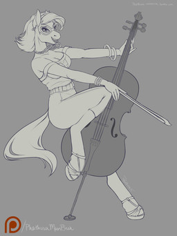 anthro anthrofied bow_(stringed_instrument) bowed_string_instrument bracelet breasts cello cleavage clothed clothing eyewear female glasses jewelry lipstick makeup musical_instrument necklace piercing solo string_instrument phathusa friendship_is_magic hasbro my_little_pony octavia_(idw) octavia_(mlp) earth_pony equid equine horse mammal pony 2015 hi_res monochrome