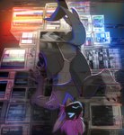 anthro electronics falling featureless_crotch glitch machine male protogen_armor protogen_face protogen_visor shark_tail solo television free-opium protogen 2024 hi_res signature